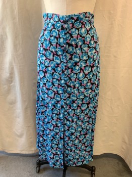 Womens, Skirt, Long, ZARA, Baby Blue, Black, Mauve Purple, Viscose, Floral, W30, M, Fabric Covered Button Down Front, Zip Side, Slit on Front
