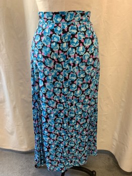 Womens, Skirt, Long, ZARA, Baby Blue, Black, Mauve Purple, Viscose, Floral, W30, M, Fabric Covered Button Down Front, Zip Side, Slit on Front