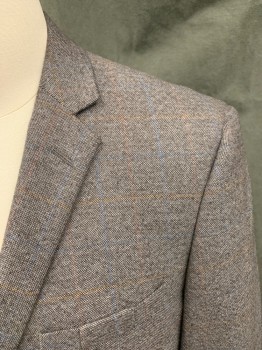 MOODS OF NORWAY, Charcoal Gray, Orange, Blue, Wool, Tweed, Grid , Charcoal Tweed with Blue and Orange Grid Overlay, Single Breasted, Collar Attached, Notched Lapel, 3 Pockets, 2 Buttons