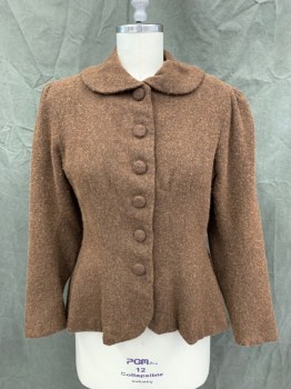 MTO, Dk Brown, Wool, Herringbone, Tweed, Mottled, Fuzzy, Fabric Covered Button Front, Peter Pan Collar, Gathered Shoulders, Long Sleeves,
