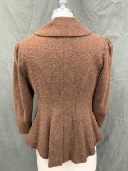 MTO, Dk Brown, Wool, Herringbone, Tweed, Mottled, Fuzzy, Fabric Covered Button Front, Peter Pan Collar, Gathered Shoulders, Long Sleeves,
