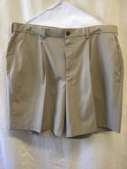 Mens, Shorts, BROOKS BROTHERS, Beige, Polyester, Solid, 40, Pleated, 5 Pockets, Belt Loops,