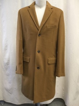 Mens, Coat, Overcoat, J CREW, Camel Brown, Wool, Solid, XL, 44L, Notched Lapel, Single-Breasted 3 Button Closure, 1 Chest Welt Pocket, 2 Flap Besom Pockets, Back Vent, Below the Knee Length