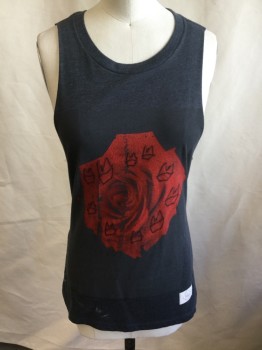ROCK CLIQUETTE, Heather Gray, Dk Gray, Red, Cotton, Heathered, Floral, Round Neck,  2" Straps with Large Abstract Red Rose