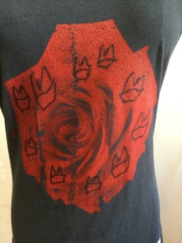 ROCK CLIQUETTE, Heather Gray, Dk Gray, Red, Cotton, Heathered, Floral, Round Neck,  2" Straps with Large Abstract Red Rose