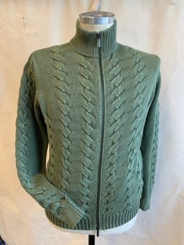 Mens, Cardigan Sweater, BLOMMINGDALE'S, Olive Green, Cotton, Cable Knit, S, Faded Olive, Ribbed Knit Collar Attached, Long Sleeves Cuffs and Hem, Zip Front,