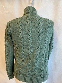 Mens, Cardigan Sweater, BLOMMINGDALE'S, Olive Green, Cotton, Cable Knit, S, Faded Olive, Ribbed Knit Collar Attached, Long Sleeves Cuffs and Hem, Zip Front,