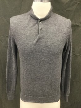 Mens, Pullover Sweater, A.P.C., Heather Gray, Wool, S, Polo Style, Rounded Ribbed Knit Collar, 2 Buttons,  Long Sleeves, Ribbed Knit Cuff/Waistband