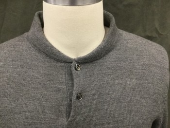 Mens, Pullover Sweater, A.P.C., Heather Gray, Wool, S, Polo Style, Rounded Ribbed Knit Collar, 2 Buttons,  Long Sleeves, Ribbed Knit Cuff/Waistband
