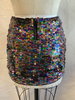 Womens, Skirt, Mini, ALICE & OLIVIA, Teal Blue, Purple, Green, Hot Pink, Gray, Polyester, Elastane, 4, All Over Sequins, Zip Back