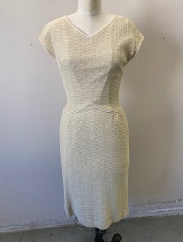 KORET OF CALIFORNIA, Beige, Cream, Cotton, 2 Color Weave, Bumpy Textured Material, Dress, Cap Sleeves, V-neck, Scallopped Pointed Waistband with Piping Edge, Knee Length, Center Back Zipper,