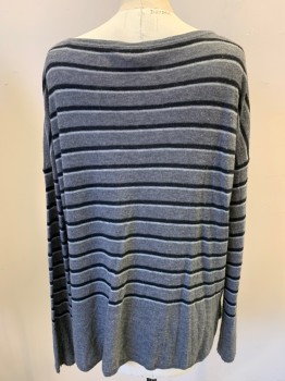 Womens, Pullover, VINCE, Gray, Navy Blue, Lt Gray, Wool, Cashmere, Stripes - Horizontal , M, Long Sleeves, Fine Knit, Sides are Pilled