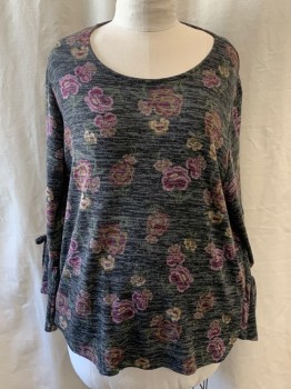 Womens, Top, STYLR & CO, Charcoal Gray, Gray, Purple, Stripes, Floral, 3XL, Pullover, Scoop Neck, Long Sleeves, Bell Sleeves, Drawstrings on Cuffs