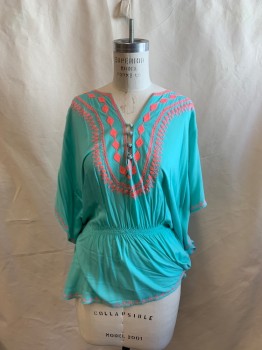Womens, Blouse, NL, Sea Foam Green, Pink, Rayon, Solid, M, Short Sleeves, Ethnic Stitching Pattern on Neck & Sleeves, Elastic Around Waist
