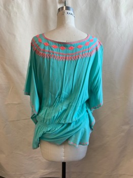 Womens, Blouse, NL, Sea Foam Green, Pink, Rayon, Solid, M, Short Sleeves, Ethnic Stitching Pattern on Neck & Sleeves, Elastic Around Waist