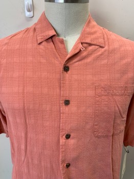 MONTEGO, Peach Orange, Silk, Text, Plaid, Short Sleeves, Collar Attached, Button Front, Front Pocket