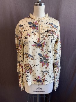 Womens, Blouse, SCOTCH & SODA, Beige, Navy Blue, Yellow, Purple, Brown, Polyester, Floral, XS, Self Vertical Stripe, Stand Ruffle Collar, Button at Neck, Key Hole, Tuck Pleat Over Bust & Back, L/S, Ruffles on Sleeves