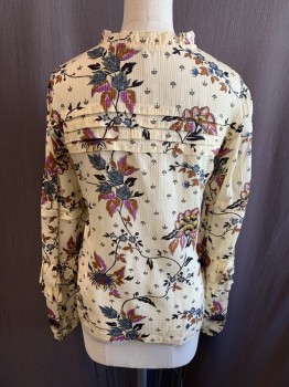 Womens, Blouse, SCOTCH & SODA, Beige, Navy Blue, Yellow, Purple, Brown, Polyester, Floral, XS, Self Vertical Stripe, Stand Ruffle Collar, Button at Neck, Key Hole, Tuck Pleat Over Bust & Back, L/S, Ruffles on Sleeves