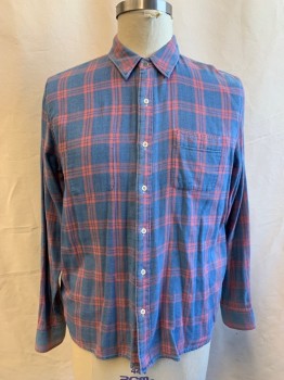 Mens, Casual Shirt, FAHERTY, Dusty Blue, Dusty Red, Cotton, Plaid, XL, Reversible, Flannel, Button Front, Collar Attached, Long Sleeves, Button Cuff, 1 Pocket