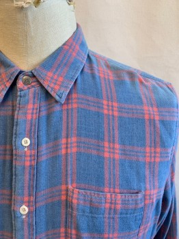 Mens, Casual Shirt, FAHERTY, Dusty Blue, Dusty Red, Cotton, Plaid, XL, Reversible, Flannel, Button Front, Collar Attached, Long Sleeves, Button Cuff, 1 Pocket
