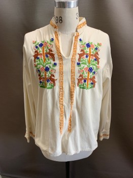 Womens, Top, NL, Cream, Cotton, M/L, Mandarin Collar, V-N, Reindeer & Floral Multi Color Embroidery, L/S