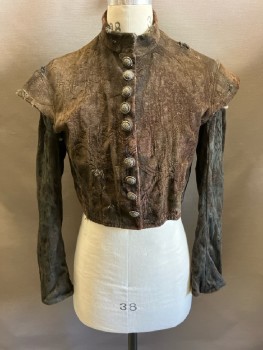 NL, Dk Brown, Wool, Damask, Stand Collar, Hook & Eye, Silver Ornate Buttons, Removable Sleeves, Aged/Distressed