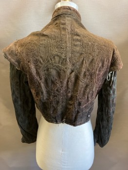 NL, Dk Brown, Wool, Damask, Stand Collar, Hook & Eye, Silver Ornate Buttons, Removable Sleeves, Aged/Distressed