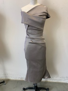 Womens, Cocktail Dress, TALBOT RUNHOF, Taupe, Black, Gold, Synthetic, Metallic/Metal, 2 Color Weave, 2, Zip Back, Knee Length, Asymmetrical Strap, Off Shoulder, Gathered Torso