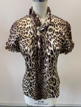 ELIE TAHARI, Ivory White, Dk Brown, Ecru, Silk, Elastane, Animal Print, S/S, Slit Neckline With Ruffle Collar, Snap Front, Ruched/Pleated Sleeves, Small Pleats At Cf, Curved Hem