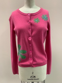 GARNET HILL, Pink, Multi-color, Wool, Floral, Round Neck, Button Front, 3 Green Flowers with Light Blue Stitching And Sequins
