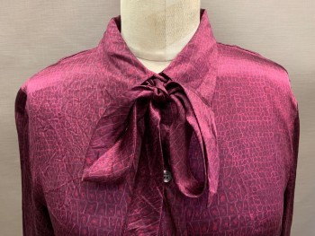 Womens, Blouse, NY & CO, Purple, Red, Silk, Reptile/Snakeskin, M, Button Front, L/S, C.A., With Bow Tie