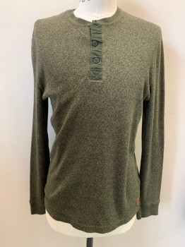 Mens, Pullover Sweater, ROOTS, Olive Green, Black, Cotton, Heathered, M, Henley Long Sleeves,