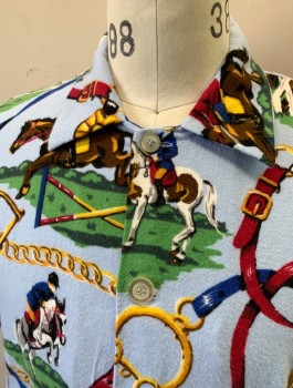 Mens, Pajama Top, NICK & NORA, Baby Blue, Multi-color, Cotton, Equine- Horses, Novelty Pattern, S, Equestrian Horse Riders and Looped Reigns, Flannel, Long Sleeves, Button Front, Collar Attached, 2 Patch Pockets