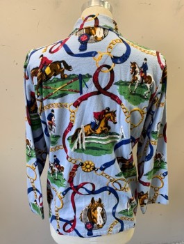 Mens, Pajama Top, NICK & NORA, Baby Blue, Multi-color, Cotton, Equine- Horses, Novelty Pattern, S, Equestrian Horse Riders and Looped Reigns, Flannel, Long Sleeves, Button Front, Collar Attached, 2 Patch Pockets