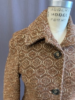 JUST IN CASE, Brown, Cream, Gray, Wool, Cotton, Geometric, Knit Geometric Pattern, Button Front, Collar Attached, Self Waist Band, 2 Patch Pockets, Long Sleeves