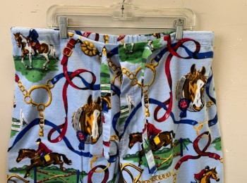 Mens, Pajama Bottom, NICK & NORA, Baby Blue, Multi-color, Cotton, Equine- Horses, Novelty Pattern, S, Equestrian Horse Riders and Looped Reigns, Flannel, Drawstring Waist, 2 Snap Closures at Fly