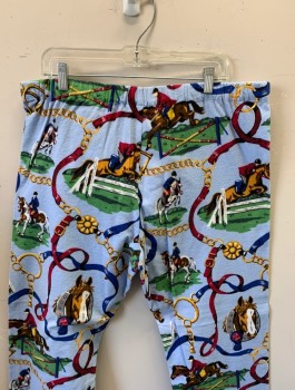 Mens, Pajama Bottom, NICK & NORA, Baby Blue, Multi-color, Cotton, Equine- Horses, Novelty Pattern, S, Equestrian Horse Riders and Looped Reigns, Flannel, Drawstring Waist, 2 Snap Closures at Fly