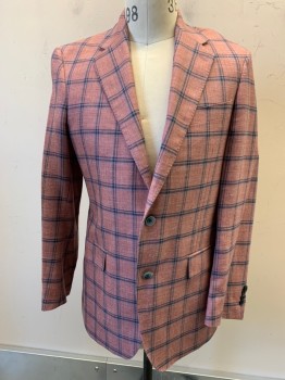 Mens, Sportcoat/Blazer, PAUL BETENLY, Dusty Rose Pink, Charcoal Gray, Gray, Wool, Silk, Plaid-  Windowpane, 38R, Single Breasted, Notched Lapel, 2 Buttons, 3 Pockets