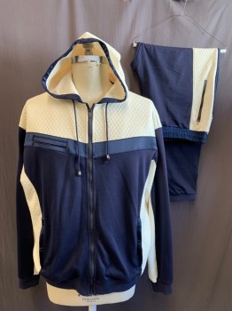Mens, Sweatsuit Jacket, MOGUL, Navy Blue, Off White, Cotton, Color Blocking, 3X, Cream Has a Diamond Texture Knit, Zip Front, Drawstring Hood with Navy Satin Trim, Solid Navy Waistband/Cuff