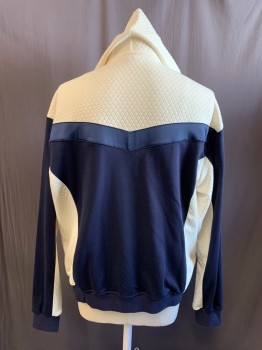 Mens, Sweatsuit Jacket, MOGUL, Navy Blue, Off White, Cotton, Color Blocking, 3X, Cream Has a Diamond Texture Knit, Zip Front, Drawstring Hood with Navy Satin Trim, Solid Navy Waistband/Cuff