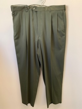 Mens, Slacks, DANIEL HECHTER, Olive Green, Wool, Polyester, Solid, L32, W36, Zip Front, Button Closure, Pleated Front, 4 Pockets, Creased, Open Hem