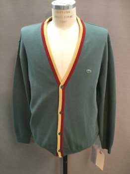 Mens, Cardigan Sweater, LACOSTE, Olive Green, Wool, Acrylic, Solid, L, V-neck, Red/Goldenrod Stripe Ribbed Knit Placket, 5 Buttons,