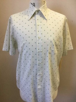 SEARS, White, Jade Green, Cotton, Polyester, Dots, Short Sleeves, Button Front, Collar Attached, 1 Pocket,