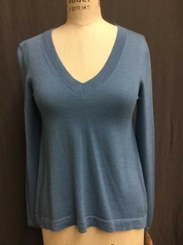 PESERICO, Baby Blue, Wool, Silk, Solid, Dark Baby Blue Knit,large V-neck, Long Sleeves, Flair & Uneven Hem