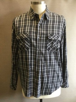 VINCE, Black, White, Lt Brown, Cotton, Plaid, Button Front, Collar Attached, Long Sleeves, 2 Flap Pockets