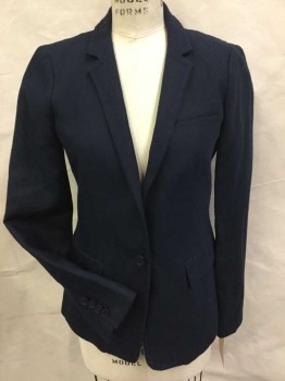 Womens, Blazer, J CREW, Navy Blue, Linen, Cotton, Solid, 4, Heavy Linen, Single Breasted, 1 Button, Notched Lapel, 3 Pockets,