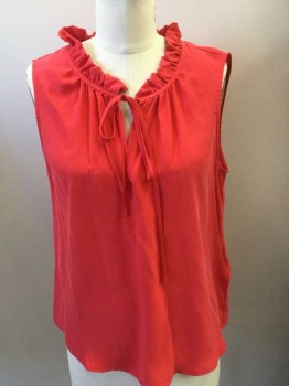 Womens, Top, FRAME, Tomato Red, Silk, Solid, S, Sleeveless, Ruffle at Neck with Tie, Pullover,
