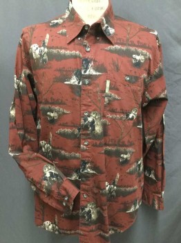 COLUMBIA, Wine Red, Black, Brown, Tan Brown, Cream, Cotton, Animal Print, Dogs Print, Collar Attached, Button Down, Button Front, Long Sleeves, 1 Pockete