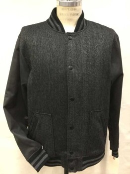 Mens, Casual Jacket, KANE & UNKE, Black, Heather Gray, Polyester, Acrylic, Herringbone, Stripes - Horizontal , XL, Black & Heather Gray Herringbone Bodice, Black W/gray Ribbed Knit Collar Attached, Cuffs and Hem, Black Snap Front, 2 Slant Pockets W/black Trim, Wine Lining Shimmer Dark Gray Long Sleeves,