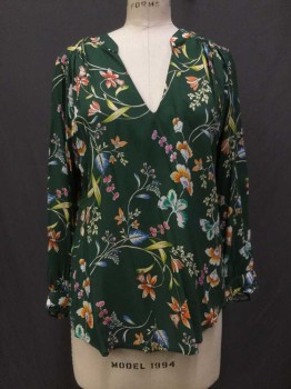 Womens, Top, VELVET, Green, Multi-color, Viscose, Floral, S, Green with Multi Color Floral/feather Print, V-neck, Long Sleeves,